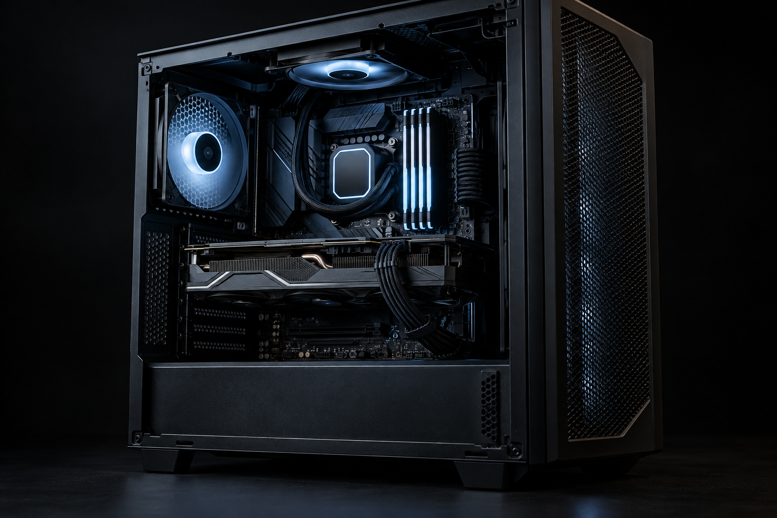 An open desktop PC with blue-lit cooling fans. Select to explore its components.